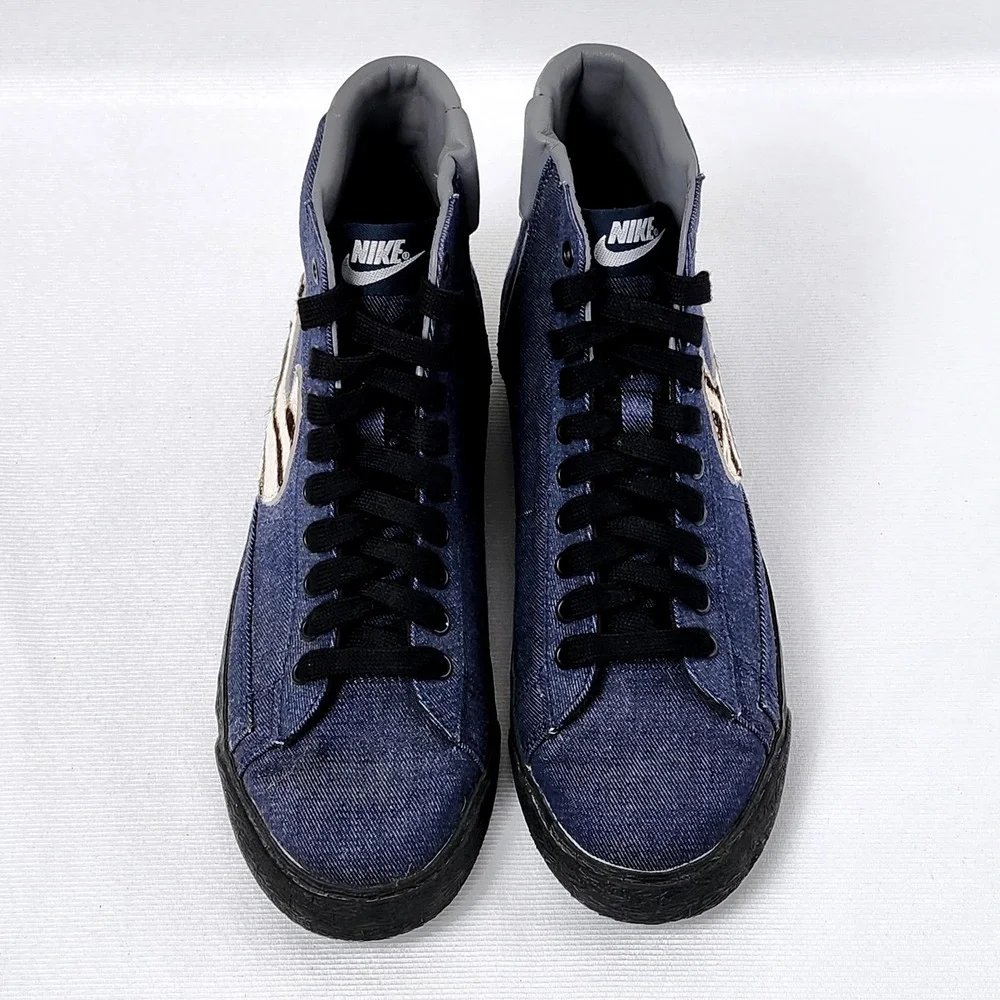 Nike ID Blazer High Top Sneakers Womens Size 9 Custom Denim Canvas Zebra‎ Swoosh